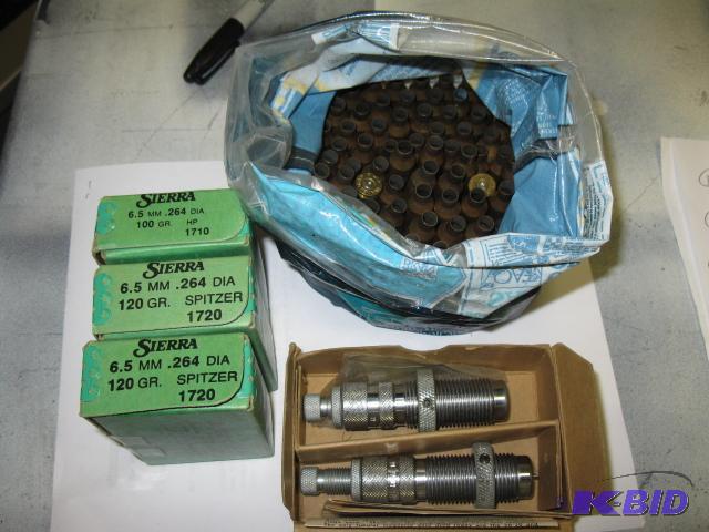 6.5 mm bullets, brass, and reloading dies...