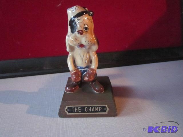 6 inch ceramic dog on wooden base, &quotThe ...