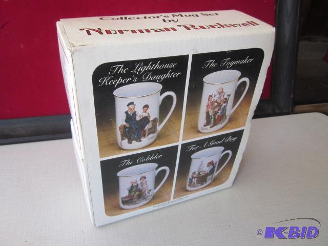 Box of collectible mugs by Norman Rockwell, a...