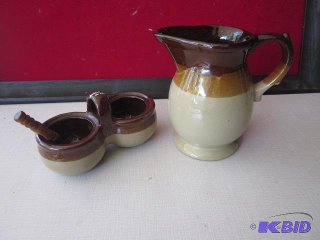 Vintage brown ware cream and sugar with small...
