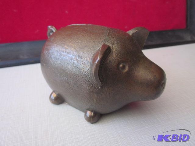 6 inch vintage solid copper pig bank, no bott...
