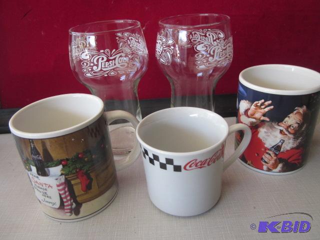 Lot of (3) Coca Cola mugs and (2) Pepsi glass...