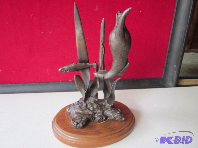 10 inch bronze wildlife statue, fish and musk...
