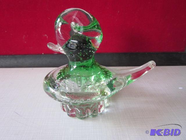 5 inch green and clear hand blown glass duck ...
