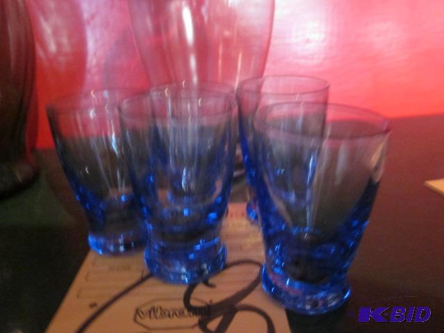 Hand blown blue glass decanter with (5) glass...