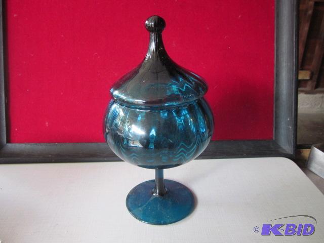Vintage hand blown blue glass candy container...