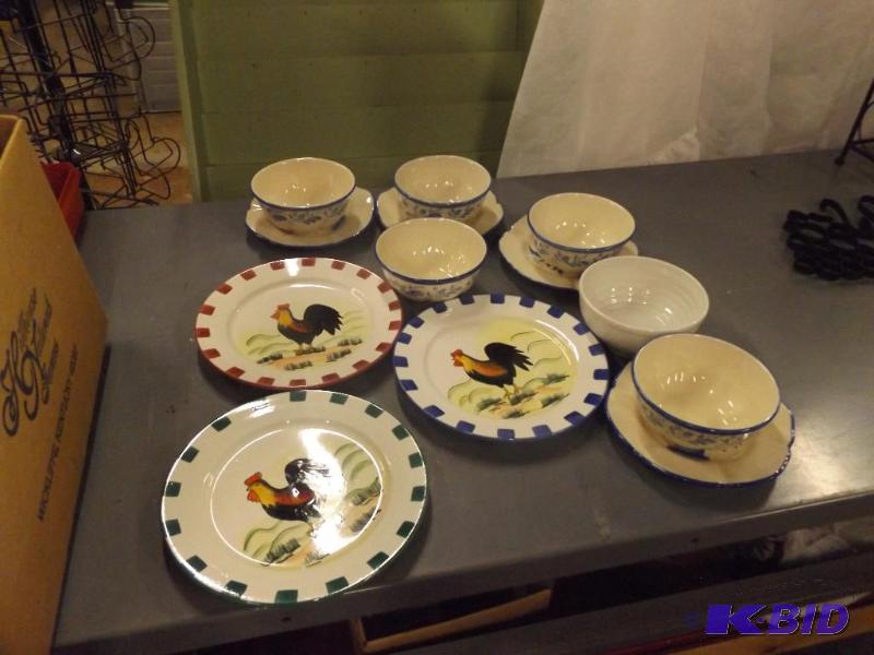 3 Rooster Plates 4 plates and 5 bowls, Larksp...