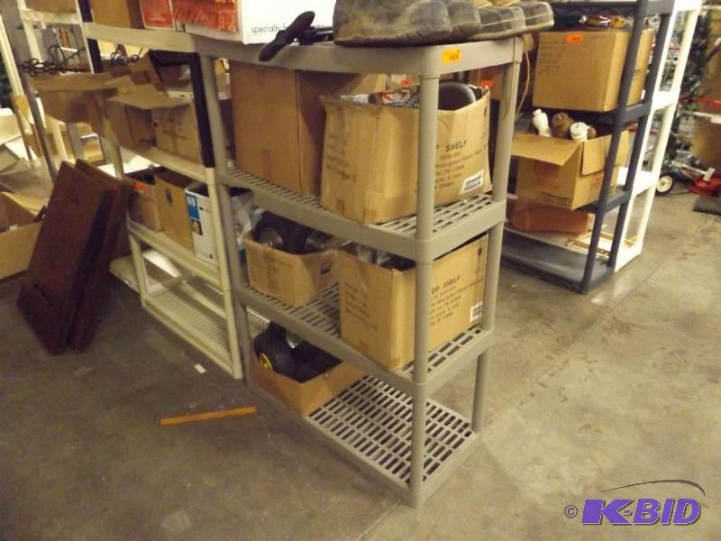 Plastic Shelving Unit, 4 shelves  contents n...