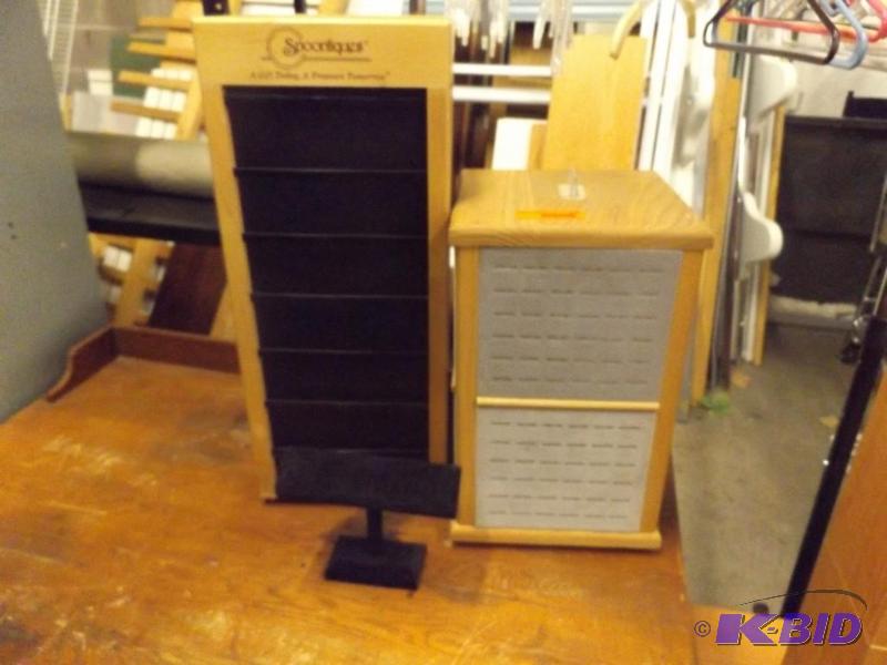 Three jewelry display stands, one for rings, ...