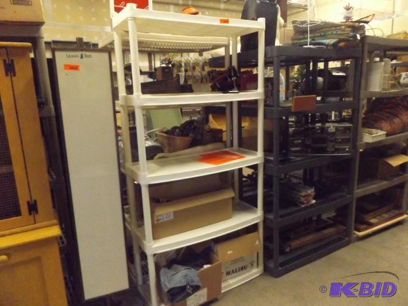 5 tier plastic shelving unit, contents not in...