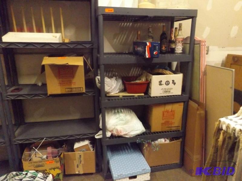 Plastic Shelving Unit, approx 5 tall. Conten...