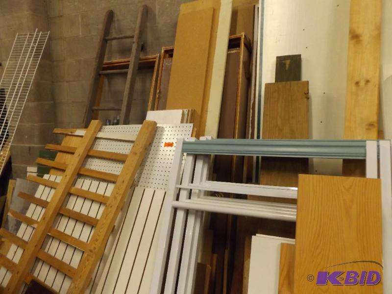 Misc wood pieces, peg board and shelving piec...