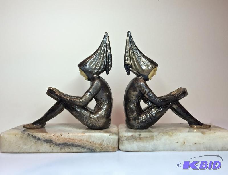 lot 22 image: RARE  Contemplar by H. Fugere C. 1927  Pixi Art Deco Bookends