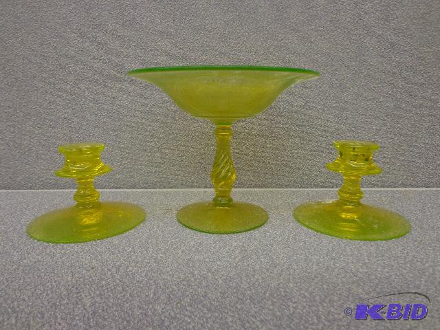 Vaseline Glass 2 Candle Holders 3 12&quot T...
