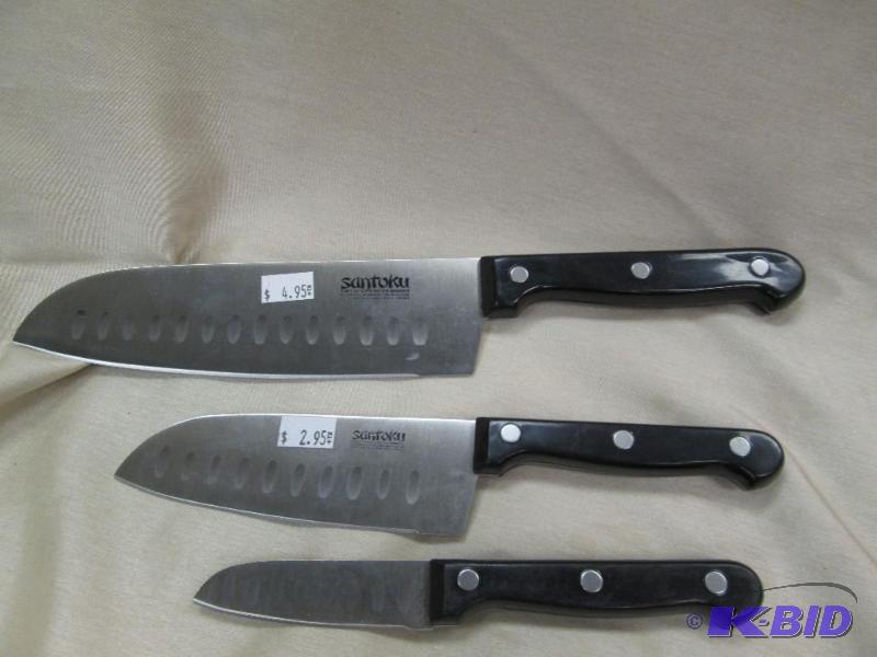 Qty 3 Santoku knives black handles and differ...
