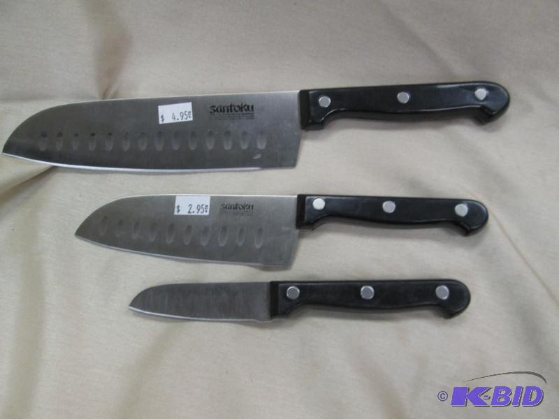 Qty 3 Santoku knives black handles and differ...