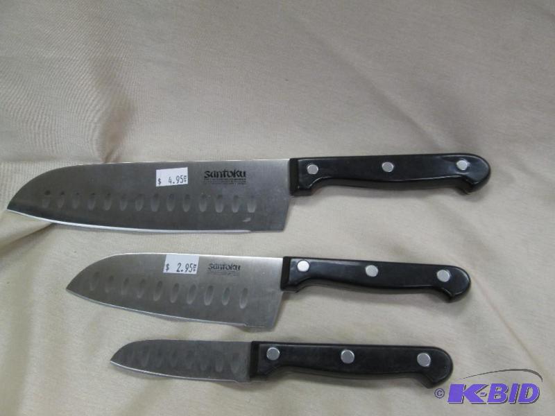 Qty 3 Santoku knives black handles and differ...