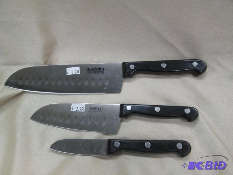 Qty 3 Santoku knives black handles and differ...
