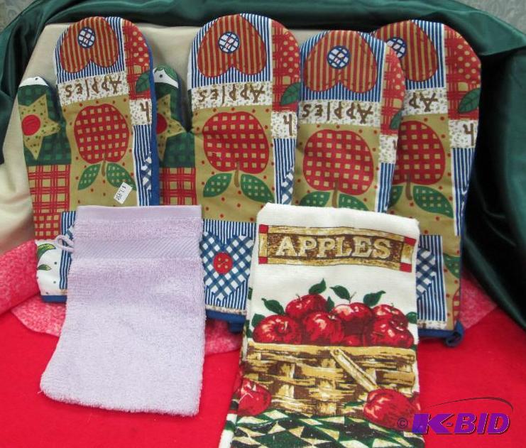 Qty 6 oven mitts, towel, and dish rag with ap...