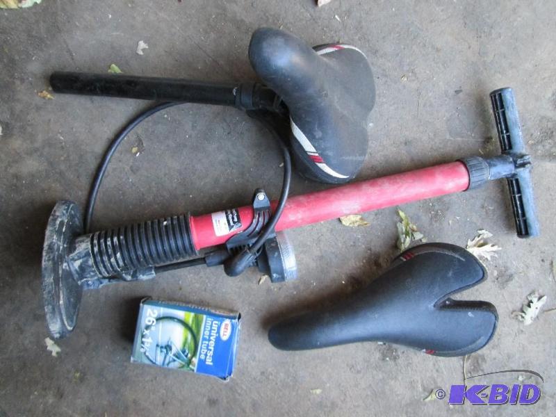 lot 12 image: mixed lot of bicycle stuff- 2 seats, tire pum...