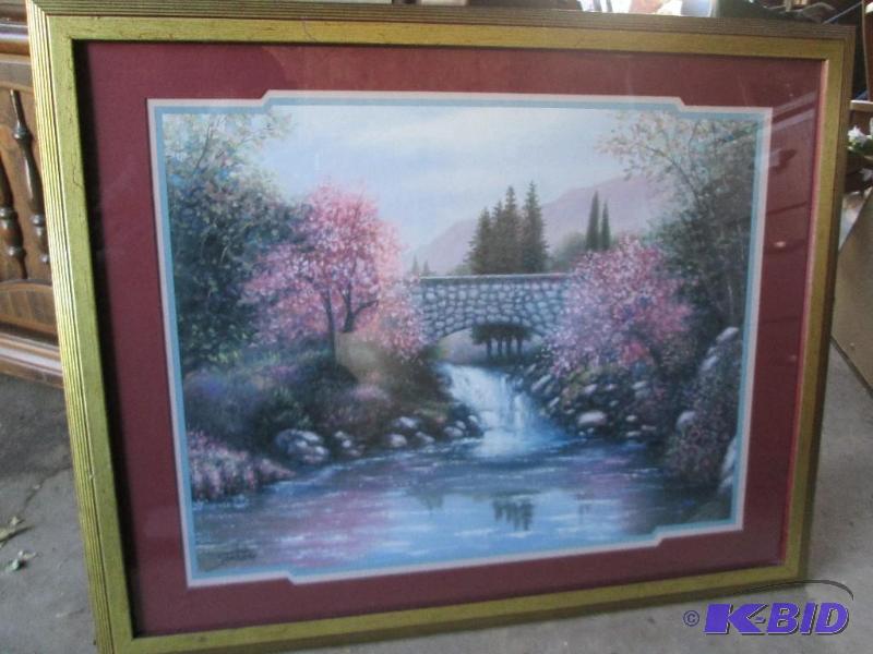 lot 32 image: Framed bridge scene 31 x 25...