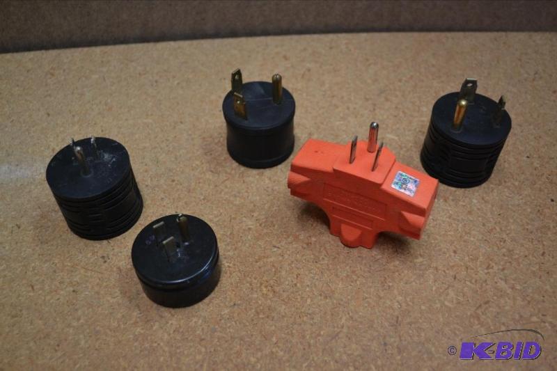 lot 120 image: 3 Outlet, Grounded, Orange Triple Tap Adapter, Four Other Adapters