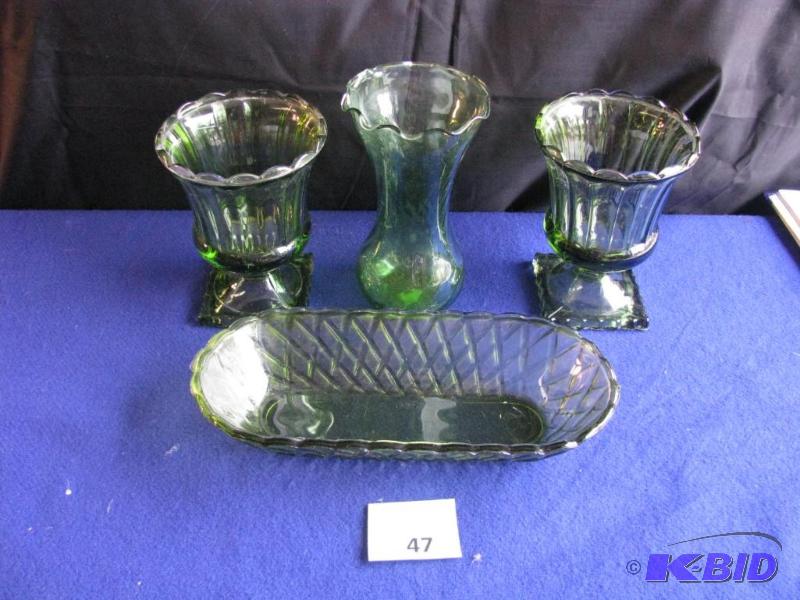 lot 47 image: Four Pieces of Green Glass Vases & Dish, ...