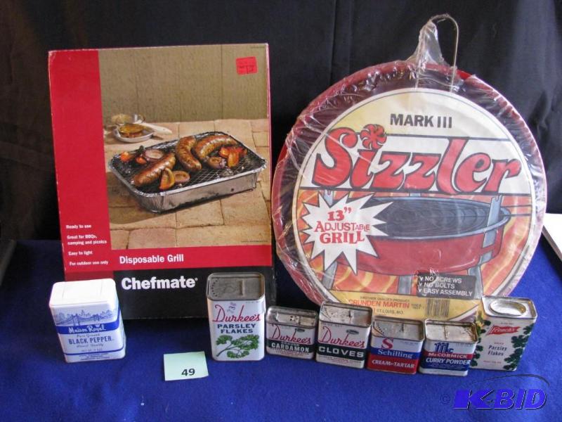 lot 49 image: Lot of vintage spice tins, Sizzler grill (new...