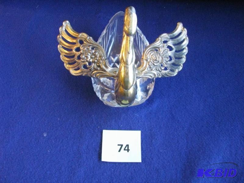 lot 74 image: Vintage glass and brass swan candy dish. The ...