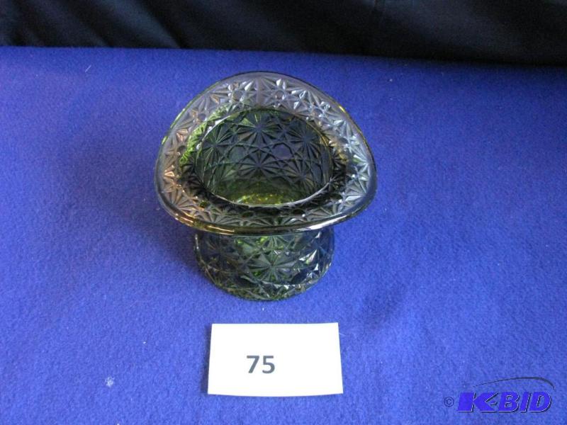 lot 75 image: Vintage Fenton green depression glass top hat...