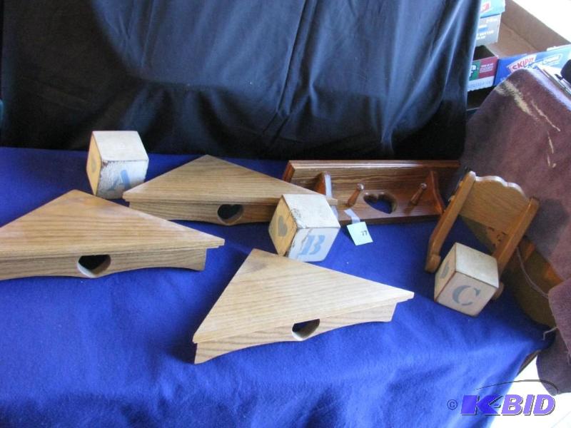 lot 77 image: vintage oak wooden corner shelves (3) ABC blo...