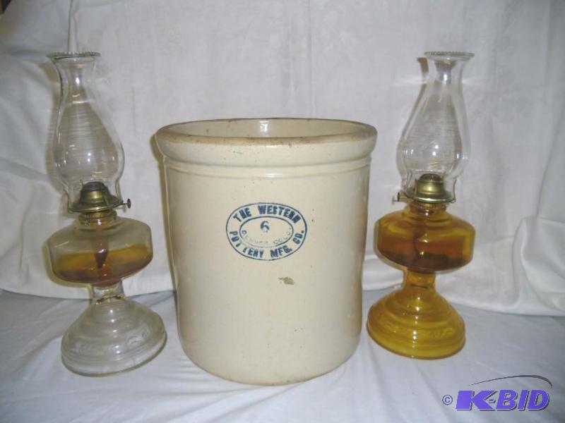 lot 20007 image: Antique Pair Eagle Kerosene Oil Lamps and Western Pottery Mfg Co. Crock