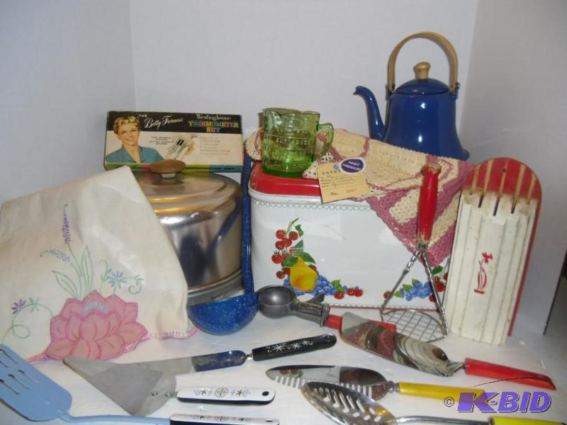 lot 20014 image: Blue Ribbon Apron and vintage Kitchen Items  Bread Box,  Cake Carrier, Utensils Wood Bakelite