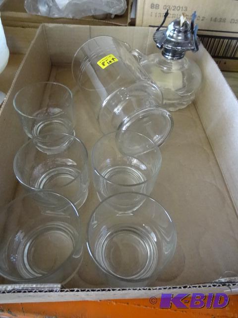 lot 127 image: Misc glasses. Oil lamp without globe...