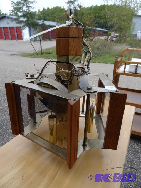 lot 17 image: Brass, glass, and wood ceiling light. 3 bulb....