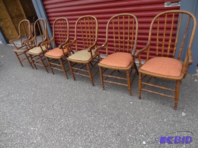 lot 22 image: 6 wood framed chairs. One without a seat. 2 s...