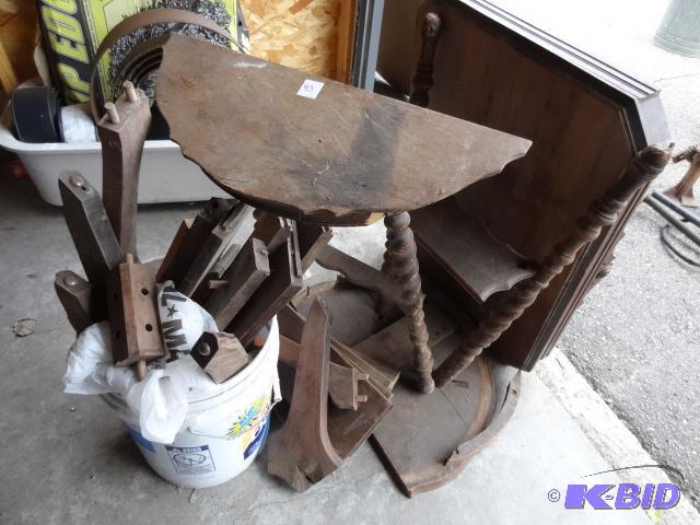 lot 43 image: 2 vintage wood tables. All are in pieces. Not...