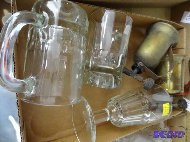 lot 96 image: 2 vintage brass bolw torches. 2 glaass mugs a...