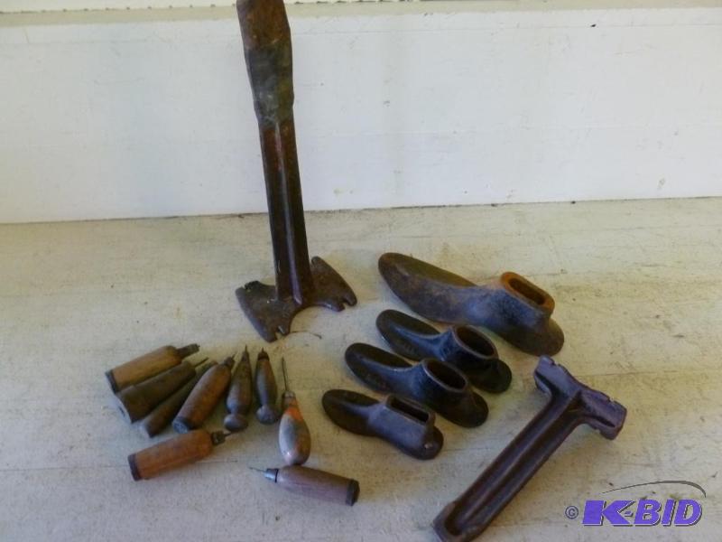 lot 201 image: Antique cast iron shoe last items and eight v...