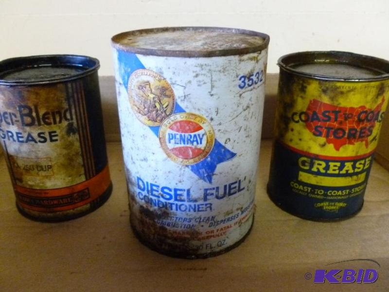lot 211 image: Lot of two vintage metal grease cans with som...