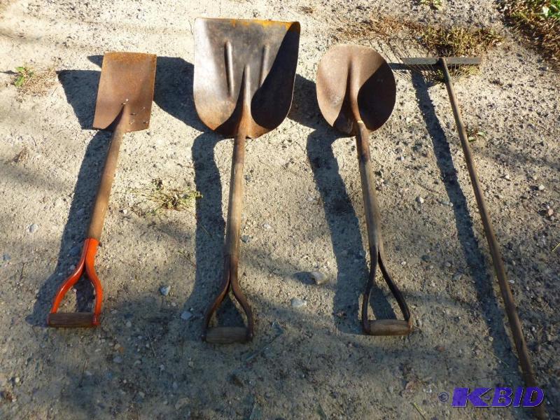 lot 238 image: Lot of three good shovels and a rake....