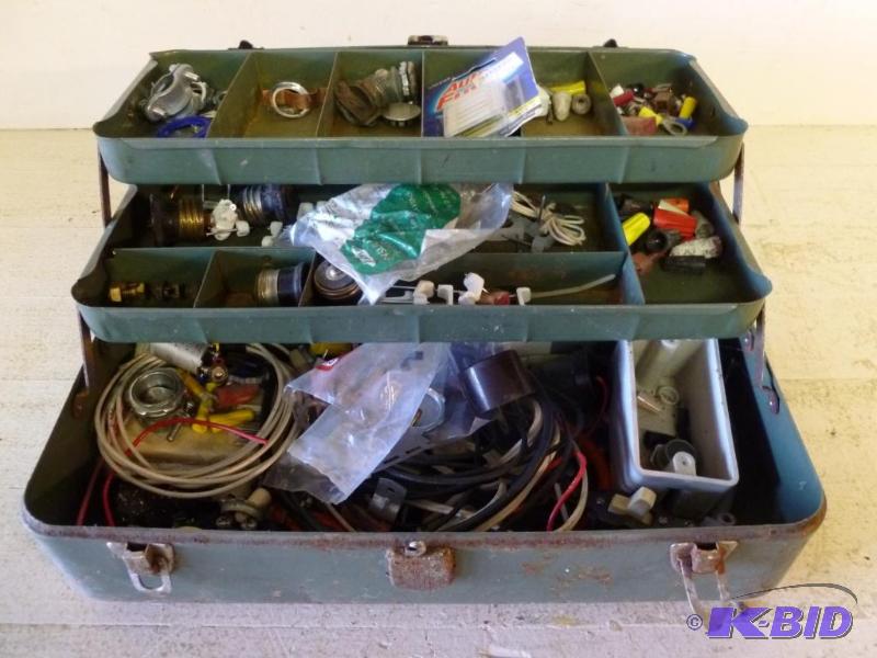 lot 43 image: Metal tool box of assorted electrical items....