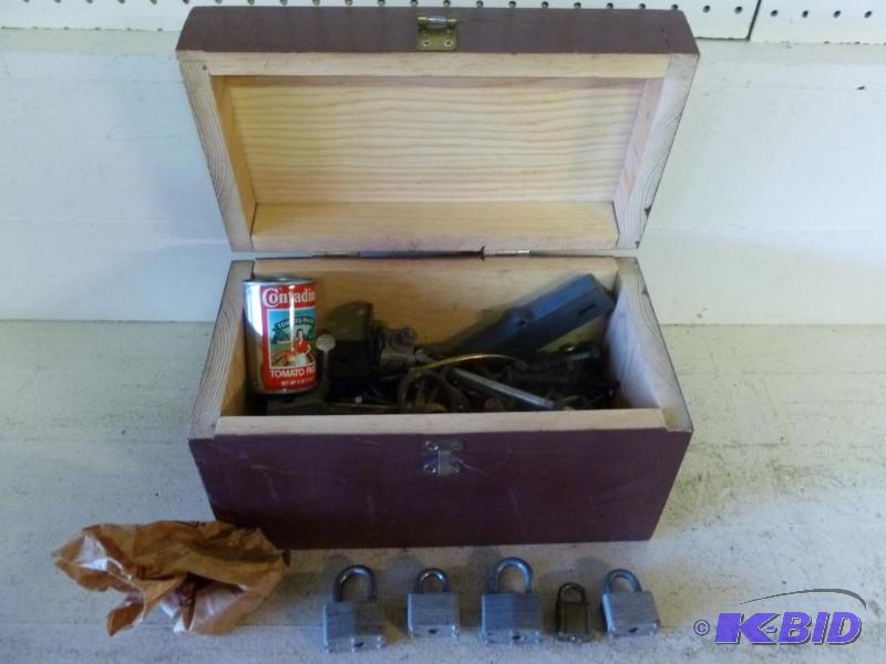 lot 58 image: Wooden tool box loaded up with hardware items...