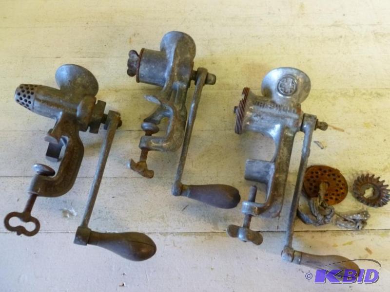 lot 77 image: Lot of three antique meat grinders, Griswold,...