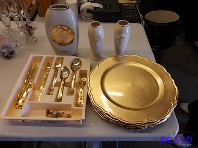 lot 12 image: Service For 8-Gold Plated Flatware, Pair Of L...