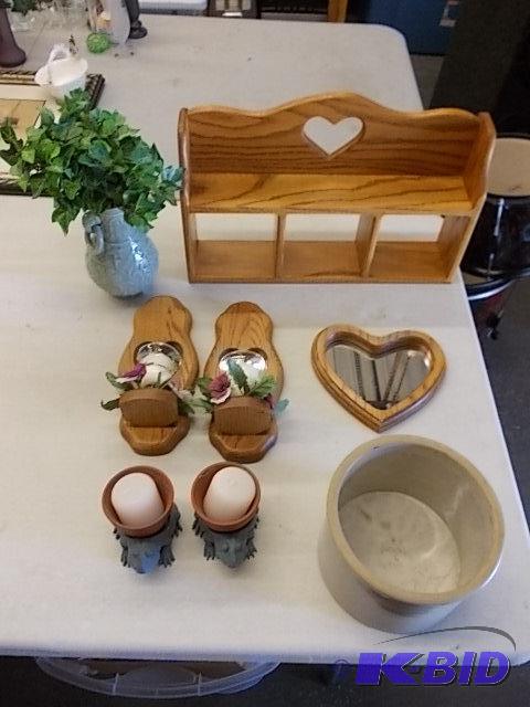 lot 21 image: Oak Wall Shelf, Oak Wall Sconces, Small Crock...