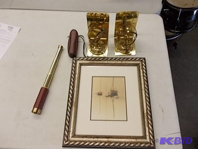 lot 34 image: Framed Boat Picture 16x14, Pair Of Brass Sphe...