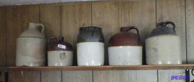 lot 101 image: 5 Stoneware Jugs As Is - One is Minnesota Stoneware
