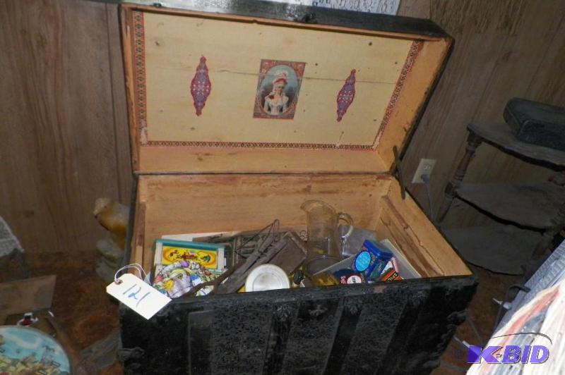 lot 121 image: Antique Trunk with items show