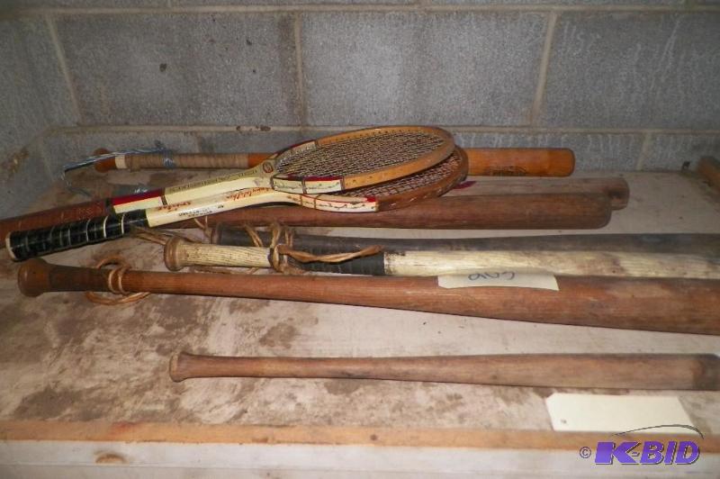 lot 203 image: Wood Baseball & Softball bats and 2 tennis rackets